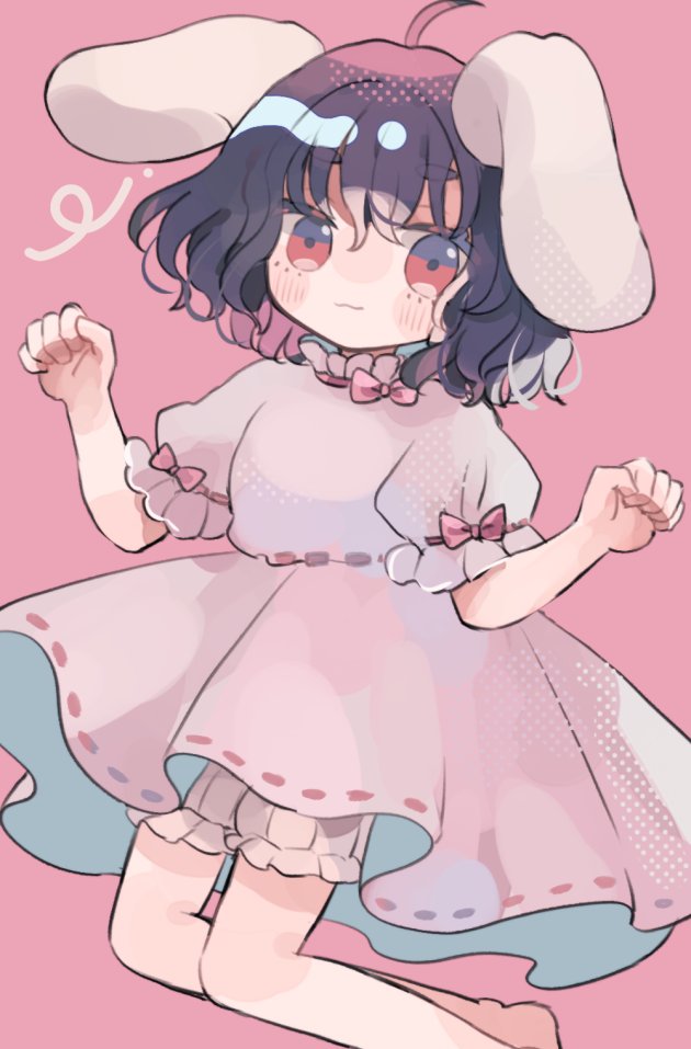 hiyuu (hiyualice), inaba tewi, touhou, commentary, 1girl, ahoge, animal ears, bare arms, bare legs, barefoot, black hair, bloomers, blush, collar, dress, frilled collar, frilled sleeves, frills, long hair, looking at viewer, lop rabbit ears, pink dress, puffy short sleeves, puffy sleeves, rabbit ears, rabbit girl, red eyes, short hair, short sleeves, simple background, solo, underwear, white bloomers