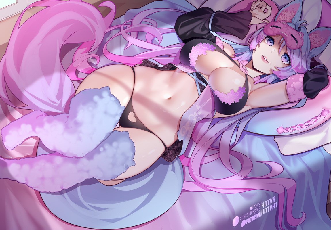 hot vr, silvervale, indie virtual youtuber, 1girl, animal ears, arm behind head, babydoll, black panties, blue eyes, blue thighhighs, breasts, detached sleeves, eye mask, gradient hair, gradient legwear, gradient tail, large breasts, lips, looking at viewer, lying, mask, multicolored hair, multicolored thighhighs, navel, on back, panties, patreon username, pillow, pink eyes, pink hair, pink thighhighs, silvervale (cozy), smile, solo, subscribestar username, tail, thighhighs, underwear, virtual youtuber, wolf ears, wolf girl, wolf tail