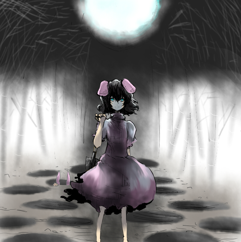 masuzou, inaba tewi, touhou, 1girl, animal ears, black hair, female focus, outdoors, plant, rabbit ears, sky, solo, standing, tree