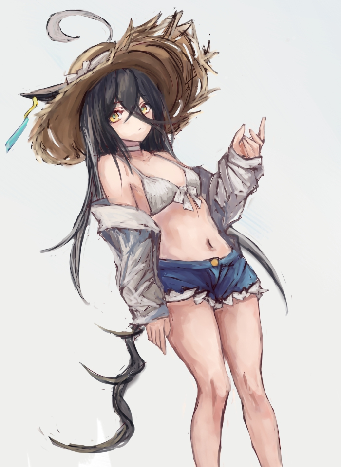 yanagi wakana, manhattan cafe (umamusume), umamusume, 1girl, ahoge, animal ears, bare shoulders, bikini, black hair, blue shorts, breasts, choker, closed mouth, collarbone, denim, denim shorts, ear tag, earrings, ears through headwear, hair between eyes, hat, horse ears, horse girl, horse tail, jewelry, long bangs, long hair, long hair between eyes, long sleeves, looking at viewer, multicolored hair, navel, open clothes, open shirt, shirt, shorts, simple background, single earring, small breasts, solo, stomach, straw hat, sun hat, swimsuit, tail, white bikini, white choker, white hair, white shirt, yellow eyes