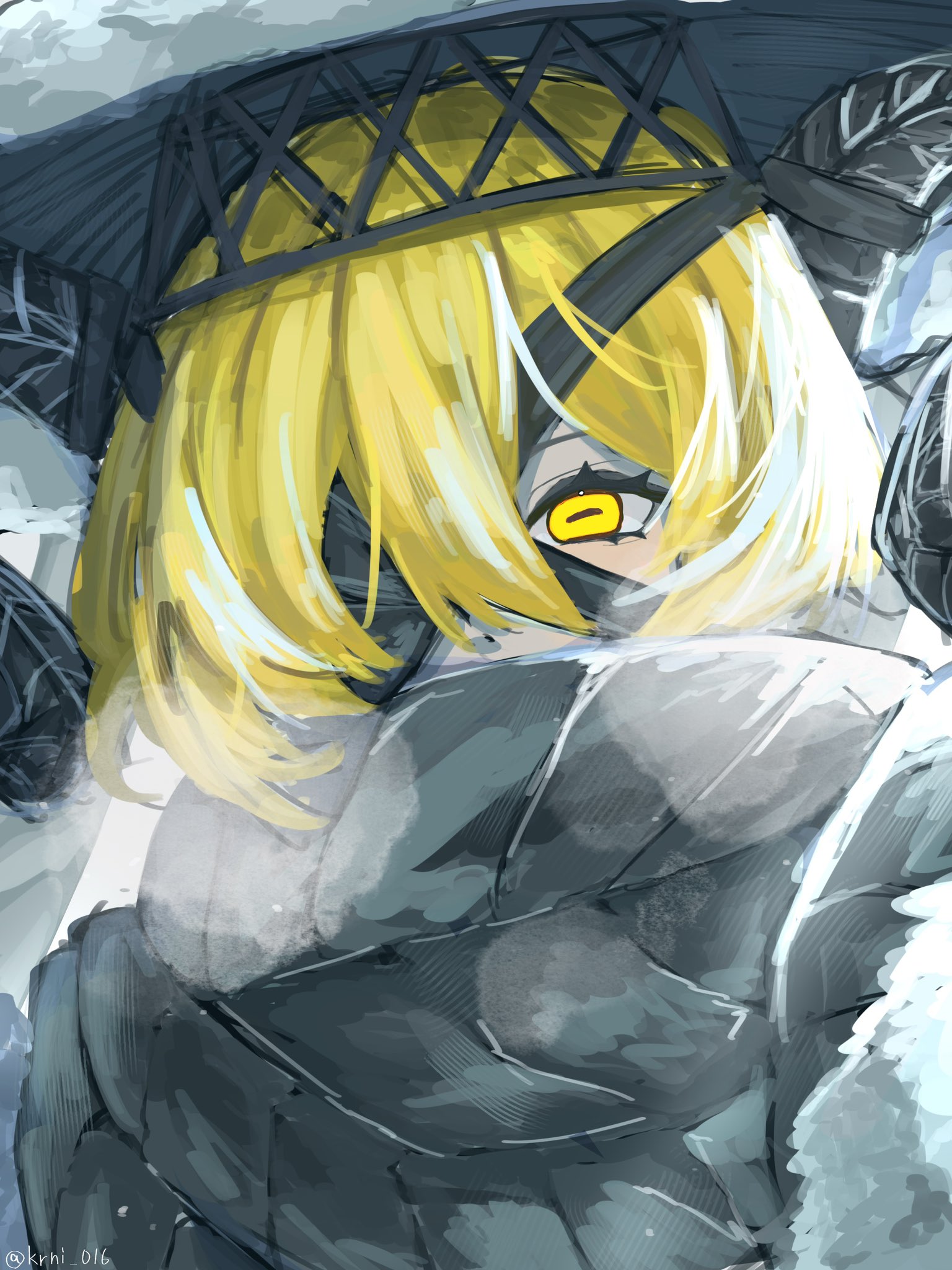 don quixote (project moon), limbus company, project moon, commentary request, highres, 1girl, black scarf, blonde hair, breath, cold, eyelashes, hat, heishou pack-wei branch (identity) (project moon), horizontal pupils, krni 016, scarf, sheep girl, solo, upper body, yellow eyes
