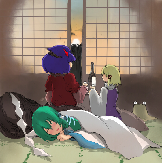 masuzou, kochiya sanae, moriya suwako, yasaka kanako, touhou, 3girls, blanket, blonde hair, blush, drinking, female focus, indoors, lying, multiple girls, on side, purple hair, rock, short hair, sleeping, sliding doors, sun, sunrise, tatami