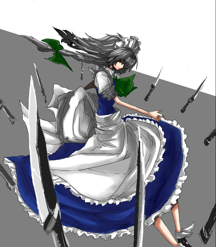 masuzou, izayoi sakuya, touhou, silver hair, 1girl, female focus, knife, maid, solo