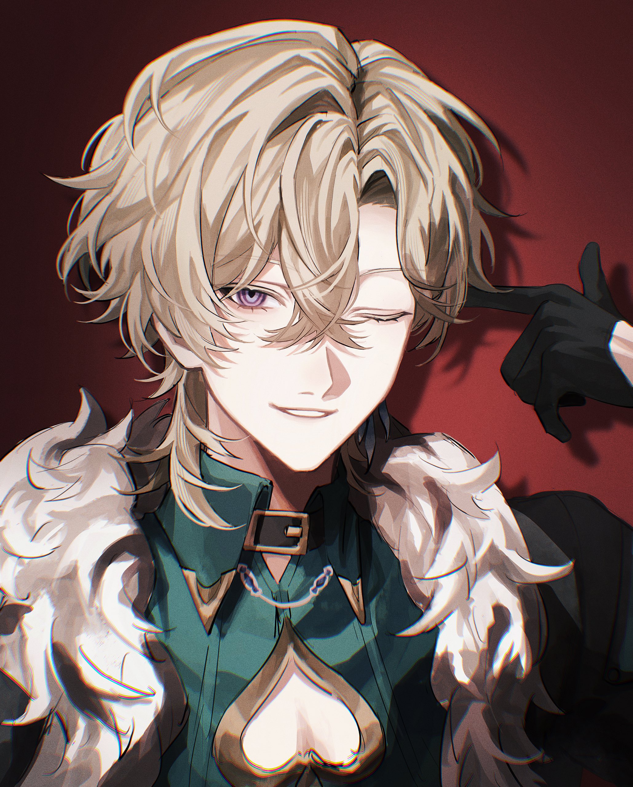 aventurine (honkai: star rail), honkai: star rail, honkai (series), absurdres, commentary, highres, symbol-only commentary, 1boy, aqua shirt, black collar, black gloves, black jacket, blonde hair, blue eyes, clothing cutout, collar, collared shirt, crossed bangs, earrings, finger gun, finger gun to head, fur-trimmed jacket, fur trim, fz7047, gloves, gold trim, hair between eyes, hand up, heart cutout, index finger raised, jacket, jewelry, lips, looking at viewer, male focus, multicolored eyes, one eye closed, open clothes, open jacket, purple eyes, red background, shadow, shirt, short hair, simple background, single earring, smile, solo, teeth, upper body