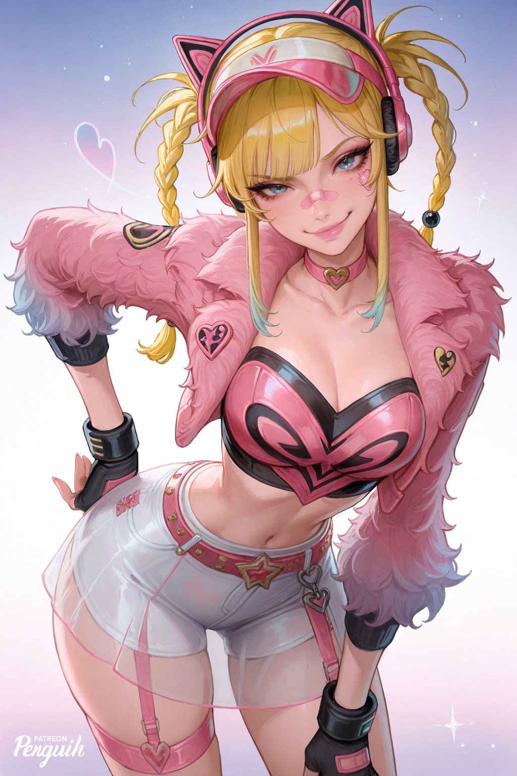 magik (new millenia might) (x-men), magik (x-men), marvel, marvel rivals, highres, 1girl, animal ear headphones, animal ears, bandaid, bandaid on face, beads, belt, black gloves, black trim, blonde hair, blue eyes, blue hair, breasts, cat ear headphones, cat ears, choker, cleavage, collarbone, collared jacket, corset, eyelashes, fake animal ears, fingerless gloves, fingernails, fur jacket, gloves, hair beads, hair ornament, hand on own hip, headphones, heart-shaped button, jacket, lipstick, long sleeves, makeup, medium breasts, multicolored hair, navel, patch, patreon username, penguih, pink belt, pink choker, pink corset, pink garter straps, pink jacket, pink lips, pink visor, see-through clothes, see-through skirt, shorts, skirt, star-shaped buckle, sticker, sticker on face, thighs, twintails, two-tone hair, visor cap, white shorts