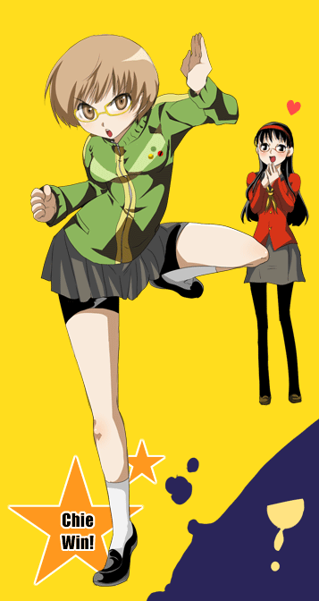 amagi yukiko, satonaka chie, atlus, persona, persona 4, 2girls, bike shorts, black eyes, black hair, blush, brown eyes, brown hair, female focus, glasses, hairband, heart, jacket, lapel pin, long hair, multiple girls, open mouth, pantyhose, pin, school uniform, semi-rimless eyewear, serafuku, short hair, skirt, tomboy, track jacket, yellow-framed eyewear