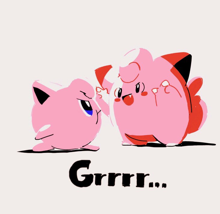 lukasandatta, clefairy, jigglypuff, nintendo, pokemon, angry, arms up, black eyes, blue eyes, blush stickers, closed mouth, colored skin, fang, from side, full body, gen 1 pokemon, looking at another, no humans, open mouth, pink skin, pokemon (creature), pokemon focus, profile, simple background, standing