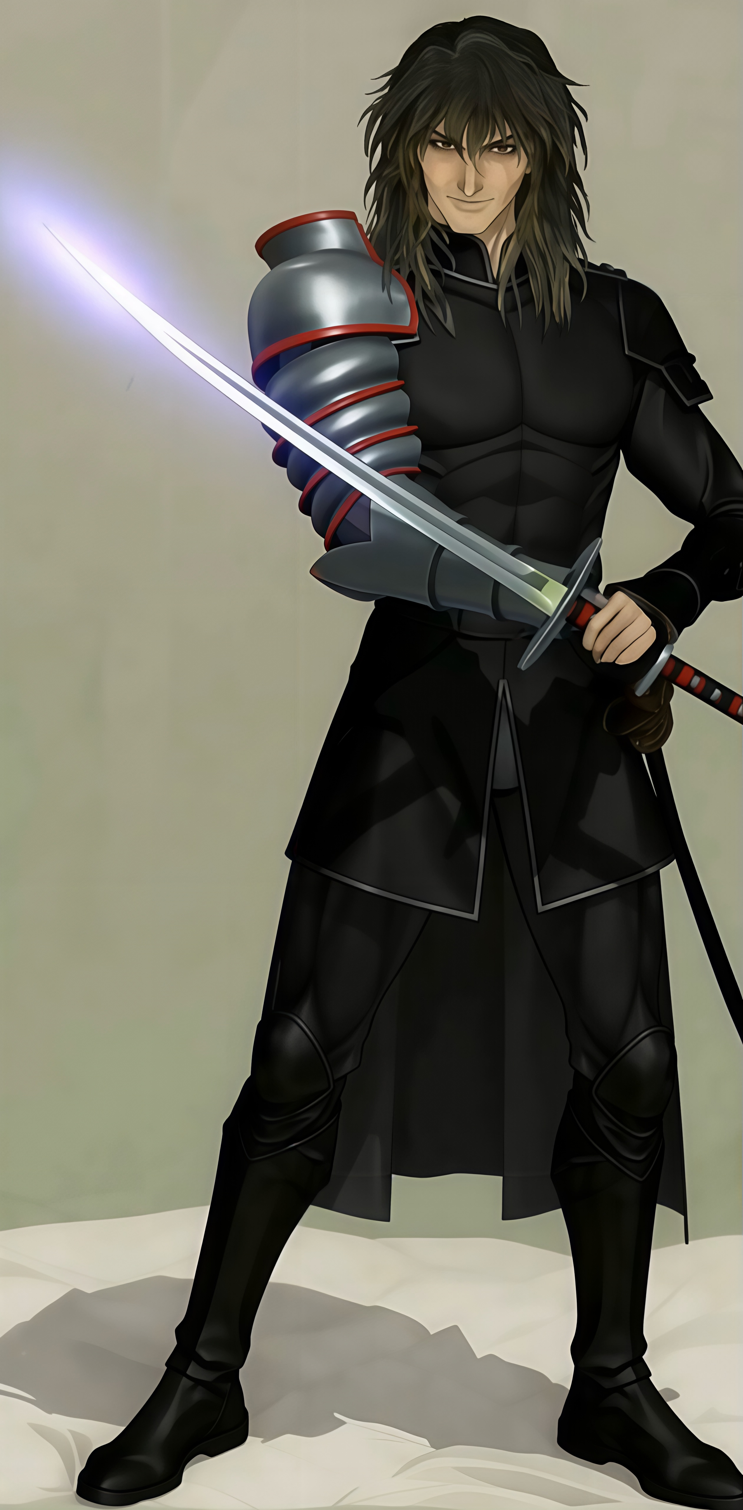 albel nox, star ocean, star ocean: till the end of time, absurdres, ai-assisted, highres, 1boy, alternate costume, armor, clawed gauntlets, full body, gauntlets, gradient hair, holding, holding sword, holding weapon, ish33r, multicolored hair, muscular, muscular male, shoulder armor, single gauntlet, smirk, solo, sword, weapon