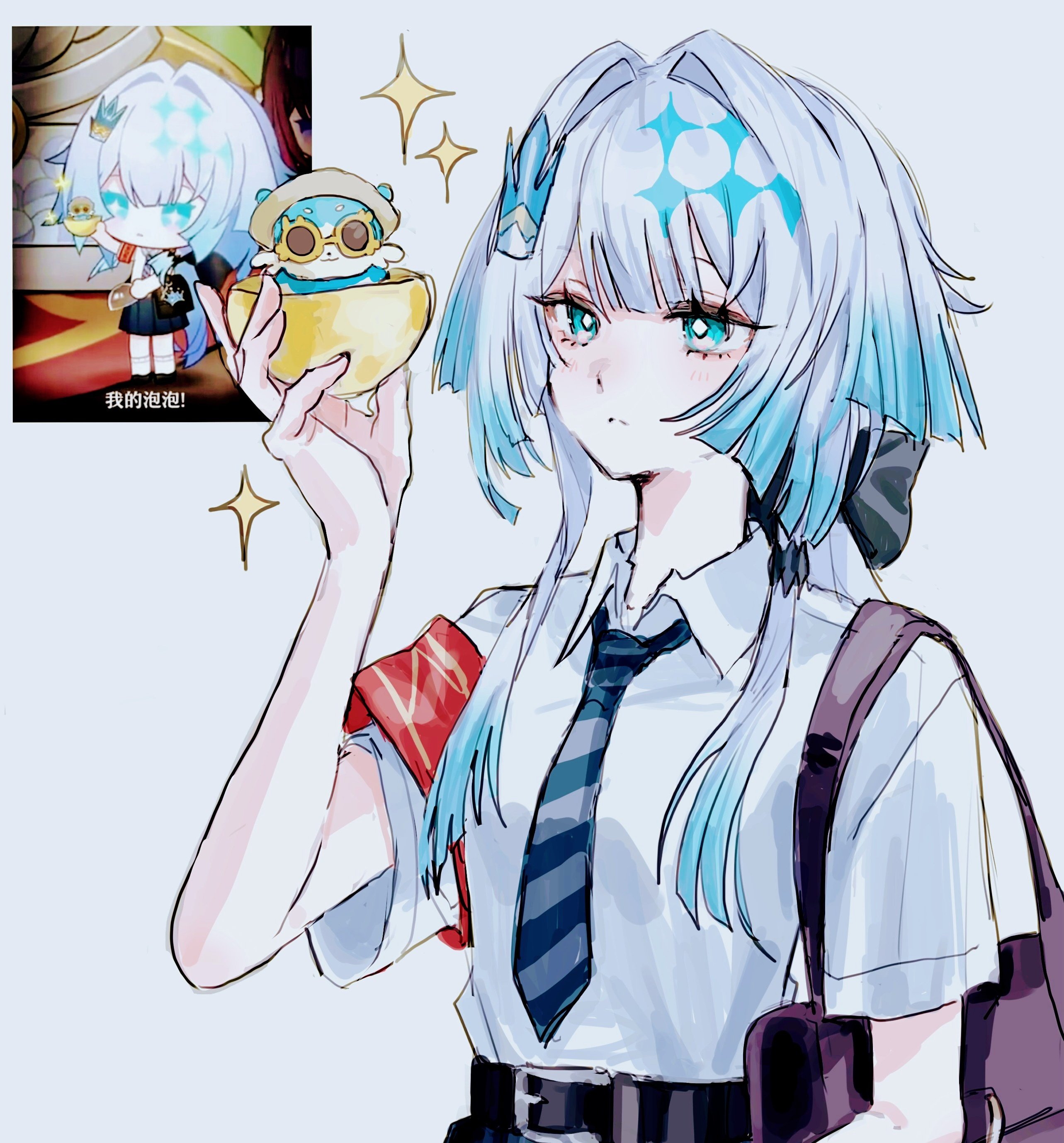 x x (batttsu 404), cerydra (honkai: star rail), chimera (honkai: star rail), honkai: star rail, honkai (series), absurdres, commentary, highres, symbol-only commentary, 1girl, aqua eyes, armband, belt, black bag, black belt, black bow, black shoes, blue hair, blue necktie, blue skirt, blunt bangs, blush, bow, bright pupils, bubbles (honkai: star rail), closed mouth, collared shirt, crown hair ornament, diamond-shaped pupils, diamond (shape), gradient hair, hair bow, hair ornament, hand up, holding, holding toy, long hair, looking at object, low ponytail, multicolored hair, necktie, pleated skirt, ponytail, red armband, shirt, shoes, short sleeves, sidelocks, simple background, skirt, socks, solo, sparkle, striped necktie, symbol-shaped pupils, toy, upper body, white background, white hair, white pupils, white shirt, white socks