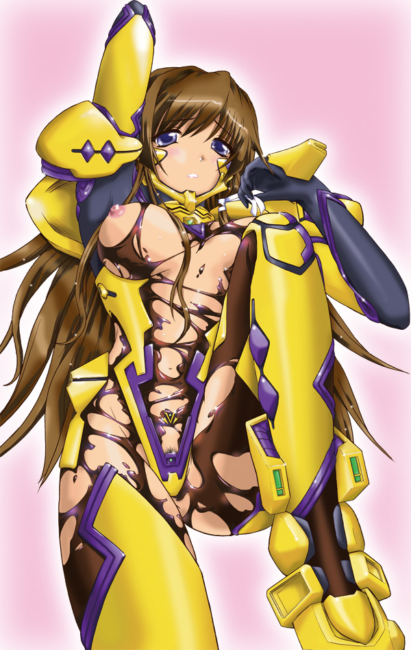 xanadu, takamura yui, muv-luv, muv-luv alternative, muv-luv total eclipse, pilot suit, 1girl, bodysuit, breasts, brown hair, female focus, female pubic hair, large breasts, long hair, nipples, pubic hair, solo, torn clothes