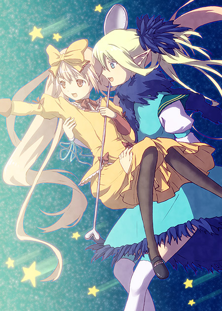 mimana, 2girls, blonde hair, blue eyes, brown eyes, flower, hair ornament, multiple girls, pointy ears, ponytail, spoon, star (symbol), thighhighs