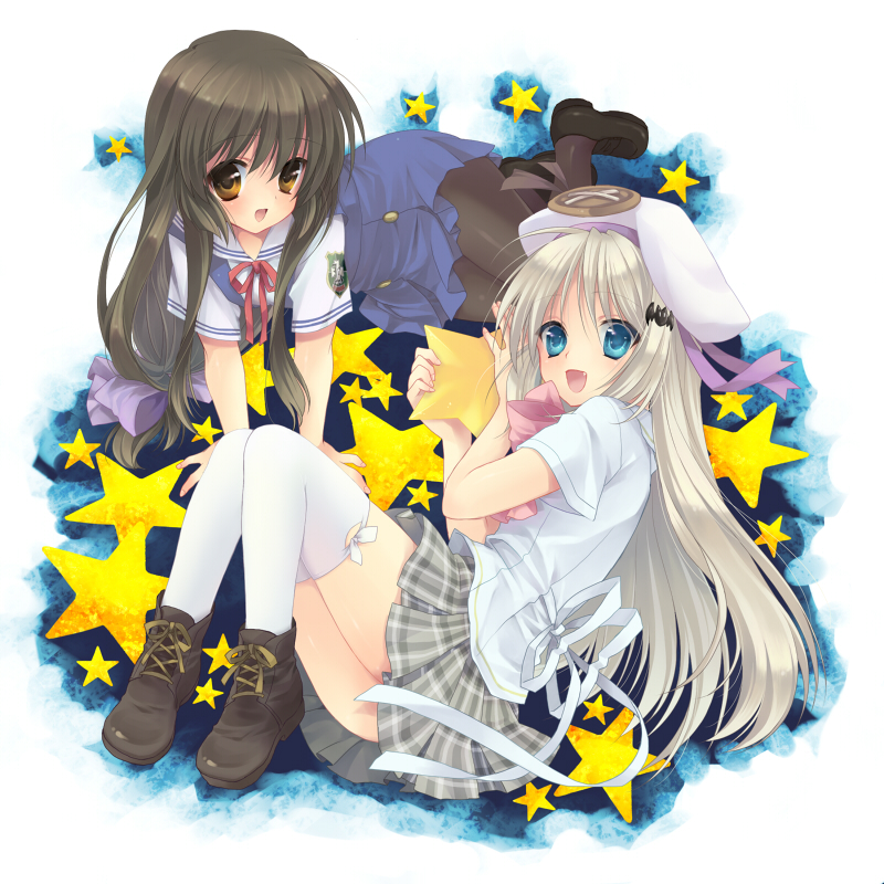 sacraneco, ibuki fuuko, noumi kudryavka, clannad, little busters!, bad id, bad pixiv id, 00s, 2girls, blonde hair, blue eyes, brown hair, crossover, multiple girls, pantyhose, plaid clothes, plaid skirt, school uniform, skirt, star (symbol), star symbol background, thighhighs, yellow eyes