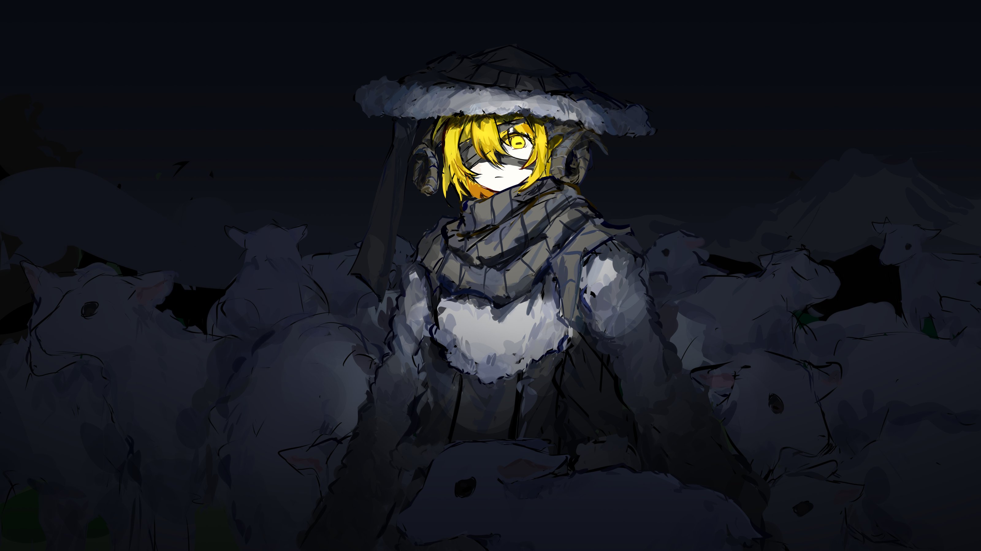 don quixote (project moon), limbus company, project moon, absurdres, chinese commentary, commentary request, highres, 1girl, bandage over one eye, black scarf, blonde hair, boaxn 0319, closed mouth, heishou pack-wei branch (identity) (project moon), horizontal pupils, horns, scarf, sheep, sheep girl, sheep horns, standing, yellow eyes