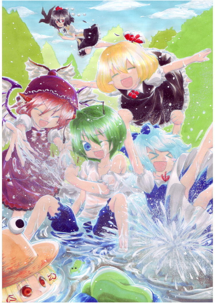 itetaki, cirno, kawashiro nitori, moriya suwako, mystia lorelei, rumia, shameimaru aya, wriggle nightbug, touhou, bad id, bad pixiv id, > <, 6+girls, = =, black hair, blonde hair, blue eyes, blush stickers, closed eyes, frog, green hair, multiple girls, off shoulder, one eye closed, open mouth, outstretched arms, playing, red eyes, red hair, short hair, spread arms, team 9 (touhou), two side up, water, wet, wink