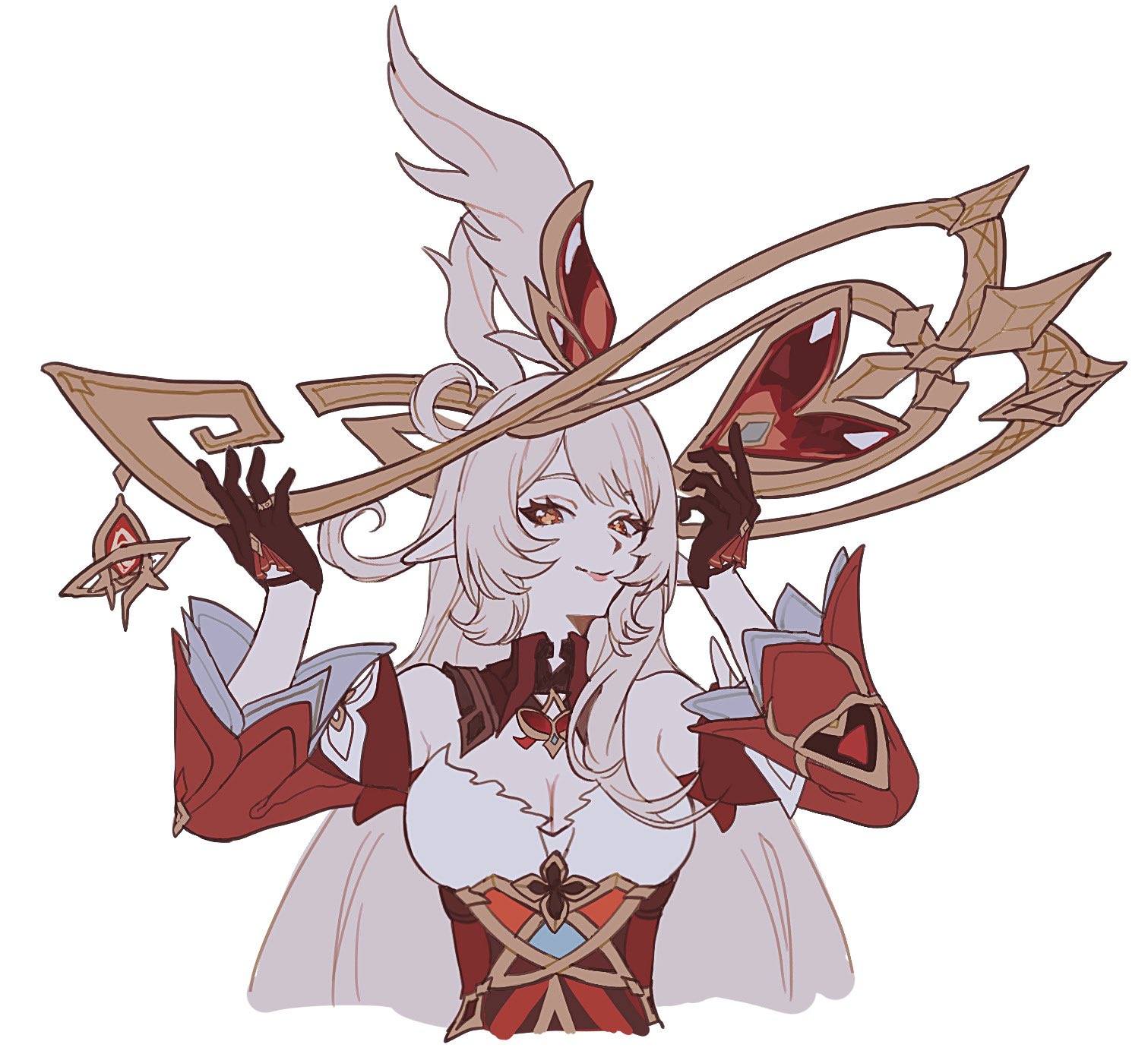 alice (genshin impact), genshin impact, commentary request, highres, 1girl, bare shoulders, black gloves, blonde hair, breasts, cleavage, closed mouth, detached collar, detached sleeves, dress, gem, gloves, gold halo, gold ring, halo, hands up, heart-shaped gem, jewelry, large breasts, lips, long hair, long sleeves, looking at viewer, mochimochi ocha, orange pupils, pendant, pointy ears, red dress, red eyes, red gemstone, red sleeves, simple background, single sidelock, sleeveless, sleeveless dress, smile, solo, strapless, strapless dress, upper body, white background, wide sleeves