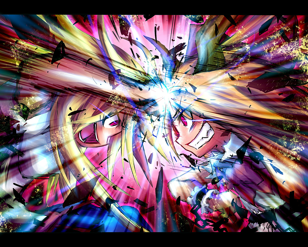 ayakashi (monkeypanch), hoshiguma yuugi, ibuki suika, touhou, bad id, bad pixiv id, 2girls, battle, blonde hair, chain, female focus, grin, horns, letterboxed, long hair, multiple girls, red eyes, single horn, smile