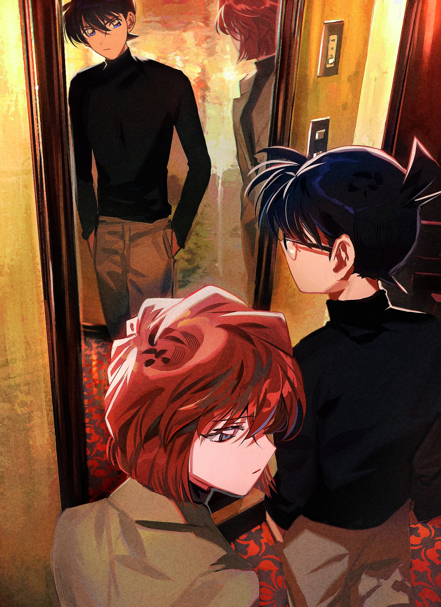 segami, edogawa conan, haibara ai, kudou shin'ichi, miyano shiho, meitantei conan, highres, 1boy, 1girl, black hair, black shirt, brown hair, brown jacket, brown pants, different reflection, full-length mirror, glasses, hands in pockets, indoors, jacket, looking at mirror, mirror, pants, reflection, shirt, short hair