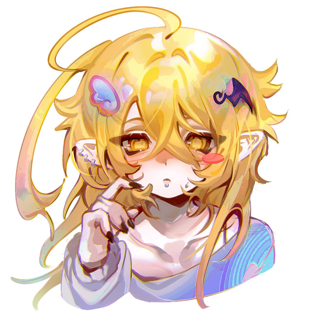 cloud (lufaeris), original, 1girl, ahoge, black nails, blonde hair, blush stickers, closed mouth, collarbone, cropped shoulders, crossed bangs, ear piercing, face piercing, fingernails, grey shirt, hair between eyes, hair ornament, hand up, labret piercing, long hair, looking at viewer, messy hair, nail polish, piercing, pointy ears, shirt, simple background, single blush sticker, solo, straight-on, white background, wing hair ornament, yellow eyes