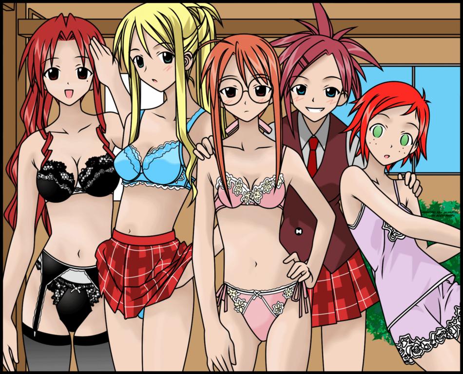 asakura kazumi, hasegawa chisame, murakami natsumi (negima), naba chizuru, yukihiro ayaka, mahou sensei negima!, 00s, 5girls, bra, garter belt, lingerie, multiple girls, panties, side-tie panties, smile, thighhighs, underwear