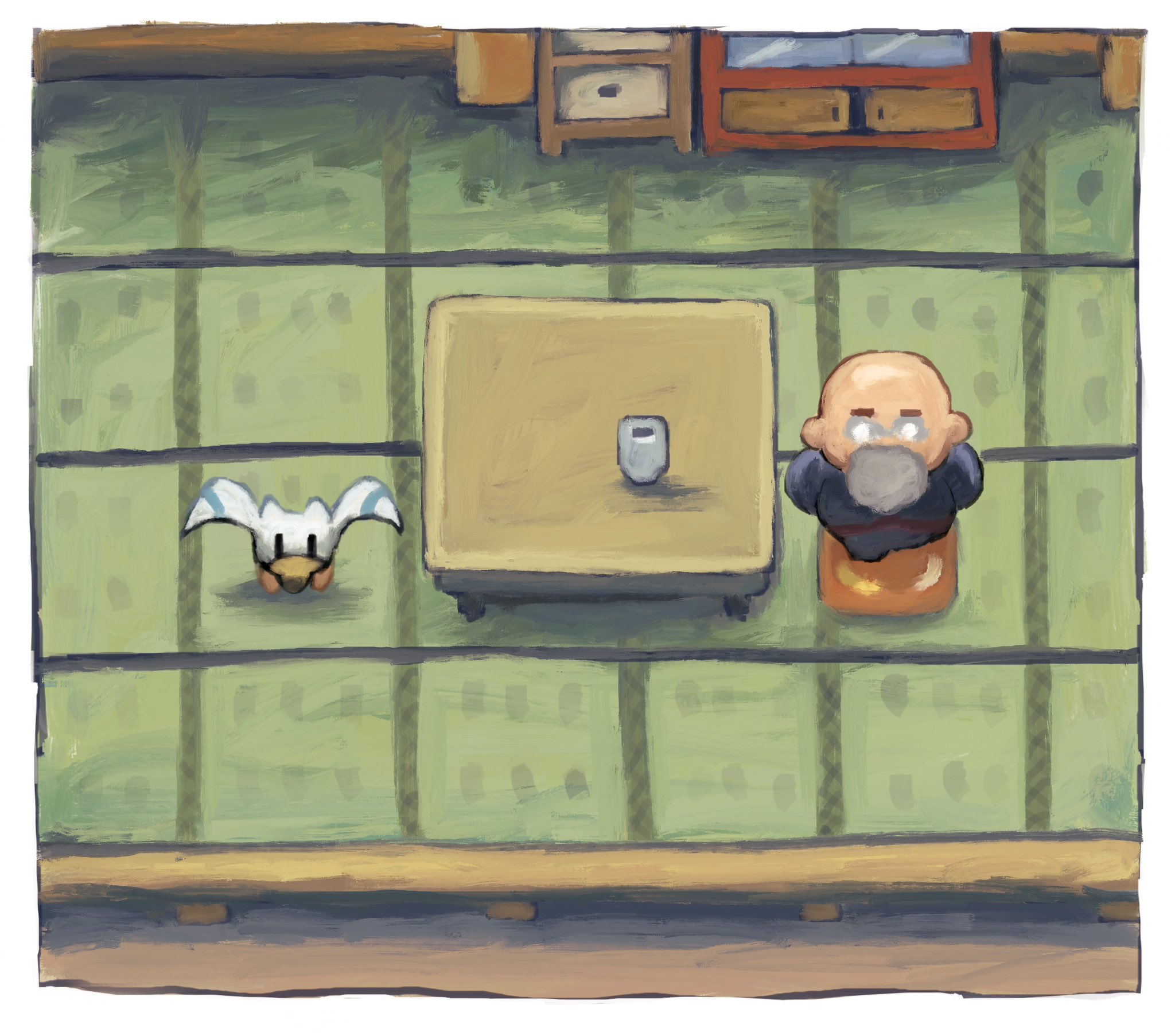 panha, mr. briney, wingull, pokemon, pokemon rse, 1boy, bald, beard, cabinet, chest of drawers, chibi, cup, cushion, facial hair, full body, gen 3 pokemon, glasses, indoors, table