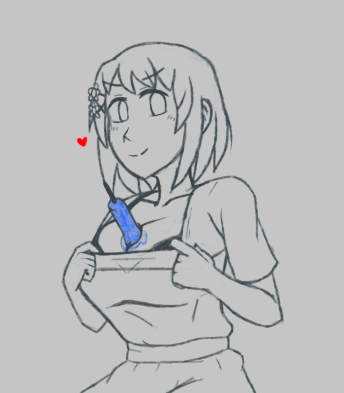 azugarosu, hirasawa yui, k-on!, 1girl, alternate costume, between breasts, bra, breasts, breasts squeezed together, cleavage, closed mouth, collarbone, flower, food, hair flower, hair ornament, heart, large breasts, looking at viewer, popsicle, shirt, short hair, short sleeves, sketch, skirt, smile, smug, solo, spot color, underwear