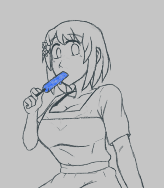 azugarosu, hirasawa yui, k-on!, 1girl, alternate costume, breasts, cleavage, collarbone, eating, flower, food, hair flower, hair ornament, holding food, holding popsicle, large breasts, looking at viewer, popsicle, shirt, short hair, short sleeves, sketch, skirt, solo, spot color