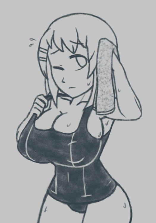 azugarosu, hirasawa yui, k-on!, 1girl, armpit peek, breasts, cleavage, closed mouth, collarbone, covered erect nipples, greyscale, hair ornament, hairclip, holding, holding towel, huge breasts, looking to the side, monochrome, one-piece swimsuit, one eye closed, short hair, sketch, skindentation, solo, sweat, swimsuit, thighs, towel