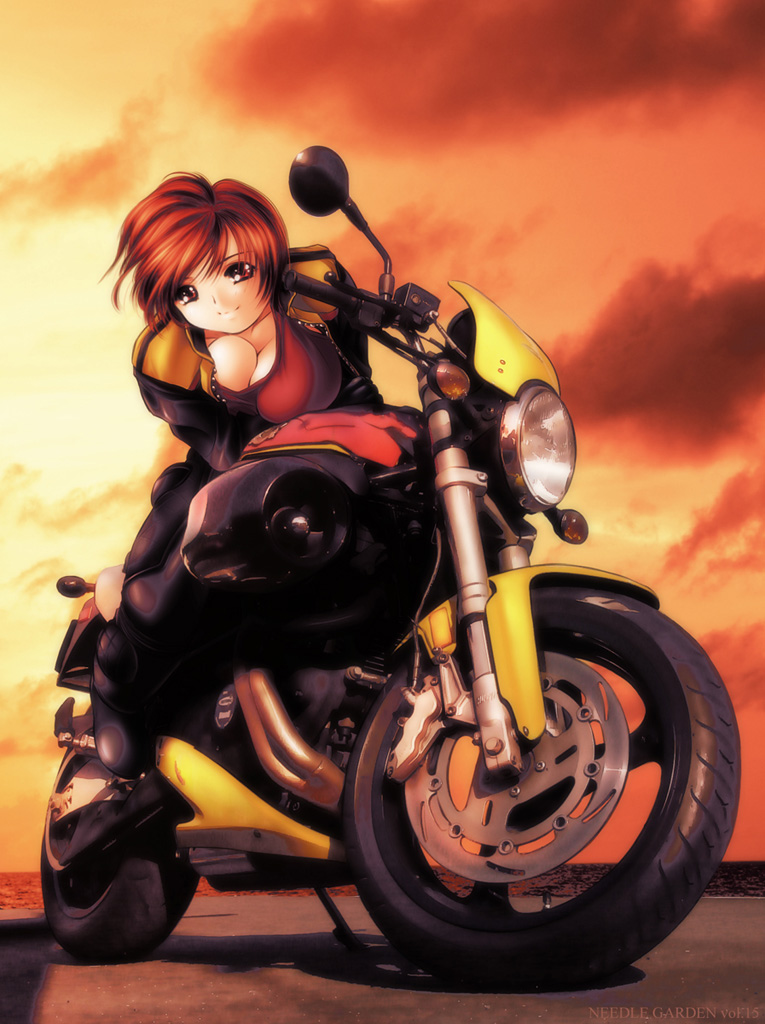 kantori, vehicle, 1girl, breasts, brown hair, cleavage, female focus, motor vehicle, motorcycle, outdoors, short hair, sky, solo