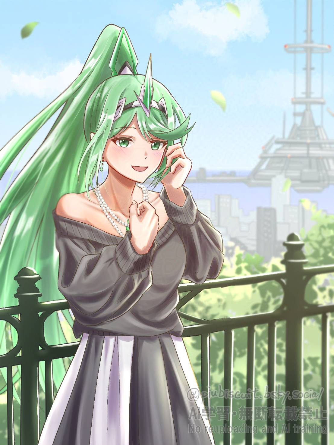 piubiscuit, pneuma (xenoblade), xenoblade chronicles (series), xenoblade chronicles 2, commentary request, commission, highres, skeb commission, 1girl, bead necklace, beads, blurry, blurry background, contemporary, falling petals, green eyes, green hair, green petals, high ponytail, jewelry, long hair, necklace, open mouth, outdoors, petals, ponytail, railing, smile, solo, standing, tiara, very long hair, watermark
