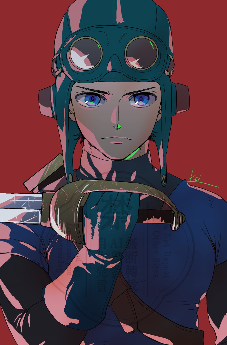 kei (desafinado), prince of lorasia, dragon quest, dragon quest ii, commentary request, highres, 1boy, black bodysuit, blue eyes, blue gloves, blue hat, blue tunic, bodysuit, closed mouth, gloves, goggles, goggles on headwear, hat, holding, holding sword, holding weapon, looking at viewer, male focus, red background, signature, solo, straight-on, sword, tunic, turtleneck, turtleneck bodysuit, upper body, weapon