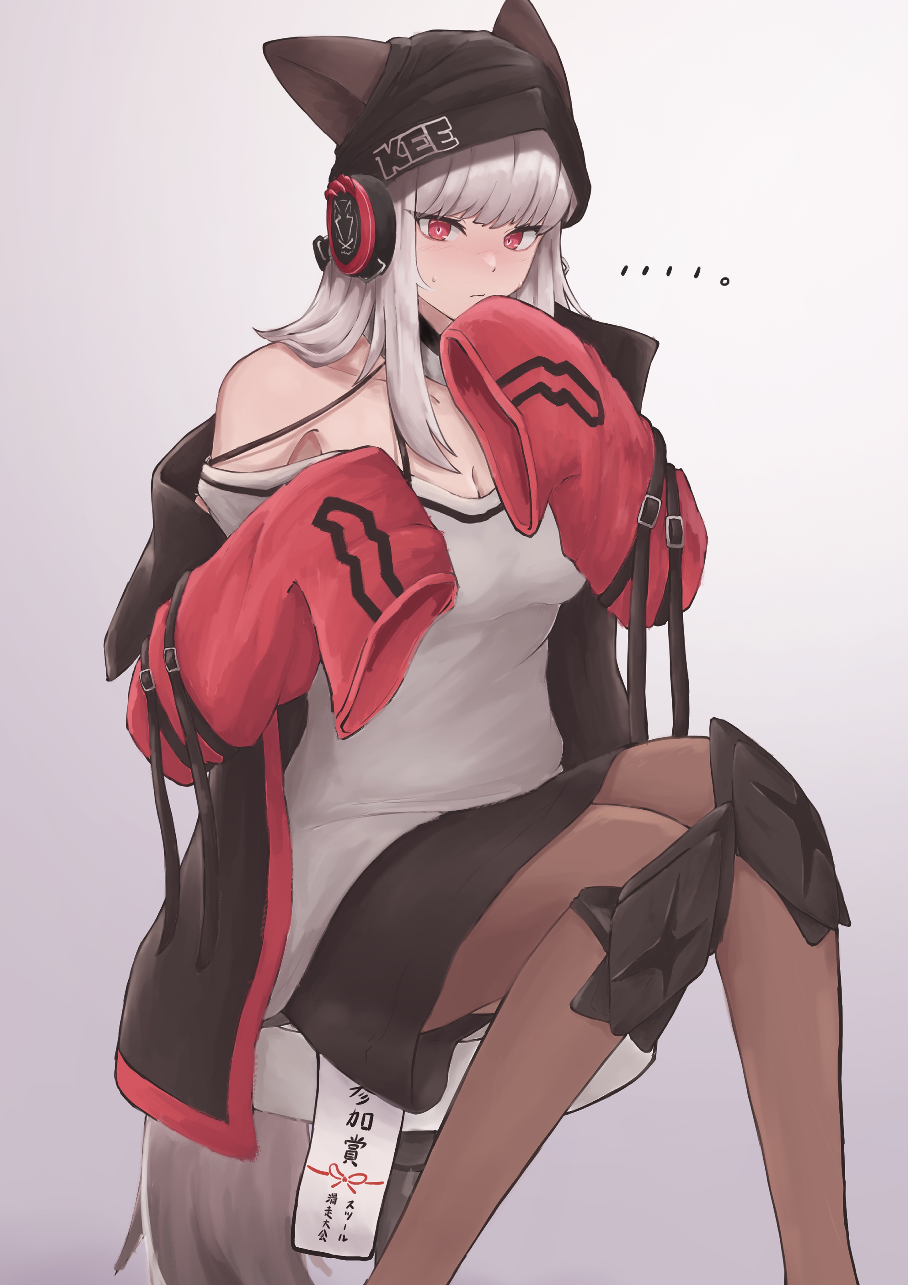 nyo (fy 1), frostleaf (arknights), arknights, absurdres, commentary, highres, …, 1girl, animal ears, bare shoulders, behind-the-head headphones, black hat, black jacket, black skirt, breasts, brown pantyhose, cleavage, closed mouth, clothes writing, grey background, grey hair, grey shirt, grey tail, hat, headphones, jacket, looking at viewer, medium hair, miniskirt, off shoulder, pantyhose, red eyes, red sleeves, shirt, sidelocks, sitting, skirt, sleeves past fingers, sleeves past wrists, solo, sweatdrop, tail