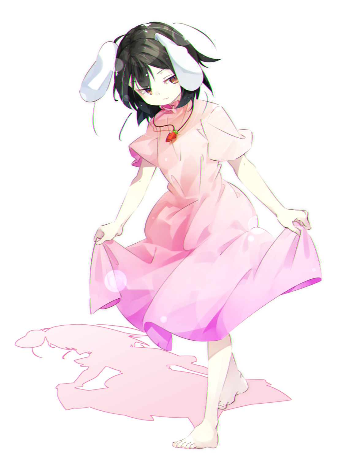 gorilla (bun0615), inaba tewi, touhou, highres, 1girl, :/, :3, animal ears, bare arms, bare legs, barefoot, black hair, carrot necklace, collar, frilled collar, frills, full body, jewelry, lop rabbit ears, necklace, rabbit ears, rabbit girl, red eyes, shadow, short hair, short sleeves, sideways glance, simple background, skirt hold, solo, toes, walking, white background