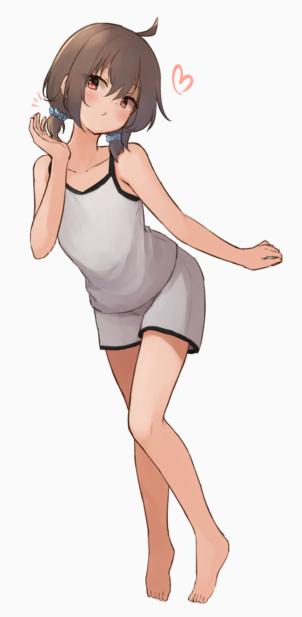 centi mnkt, original, highres, 1girl, adjusting hair, ahoge, bare shoulders, barefoot, blush, bob cut, brown hair, camisole, closed mouth, contrapposto, dot mouth, double-parted bangs, full body, grey background, grey camisole, grey shorts, hair between eyes, haruka (centi mnkt), heart, orange eyes, pout, short hair, short twintails, shorts, sidelocks, simple background, solo, twintails