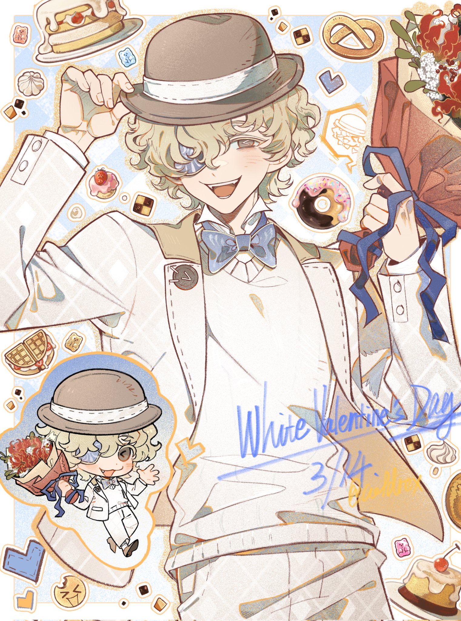 florian brand, identity v, highres, 1boy, :d, blonde hair, blue bow, blue bowtie, blue ribbon, bouquet, bow, bowtie, brown hat, buttons, cake, chibi, chibi inset, coldrex8, curly hair, donut, eyepatch, fangs, flower, food, food-themed background, hat, holding, holding bouquet, jacket, male focus, official alternate costume, open mouth, pants, pretzel, raised eyebrows, ribbon, smile, sweater, symbol-shaped pupils, upper body, waffle, white jacket, white pants, white sweater, yellow eyes