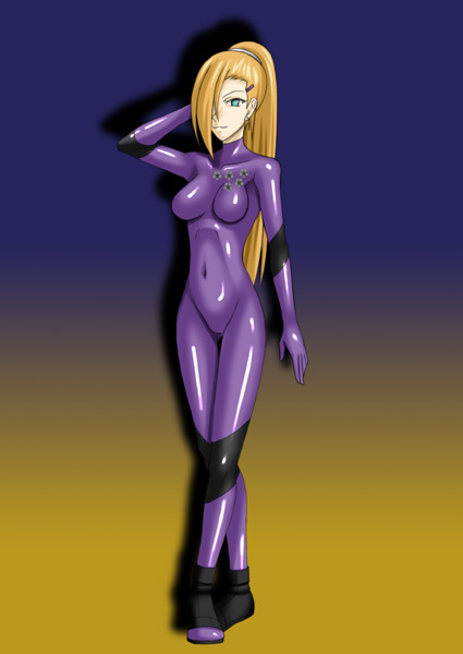 yamanaka ino, naruto (classic), naruto (series), artist request, 1girl, bodysuit, breasts, cameltoe, cleavage, female focus, full body, gradient background, hair over one eye, latex, smile, solo