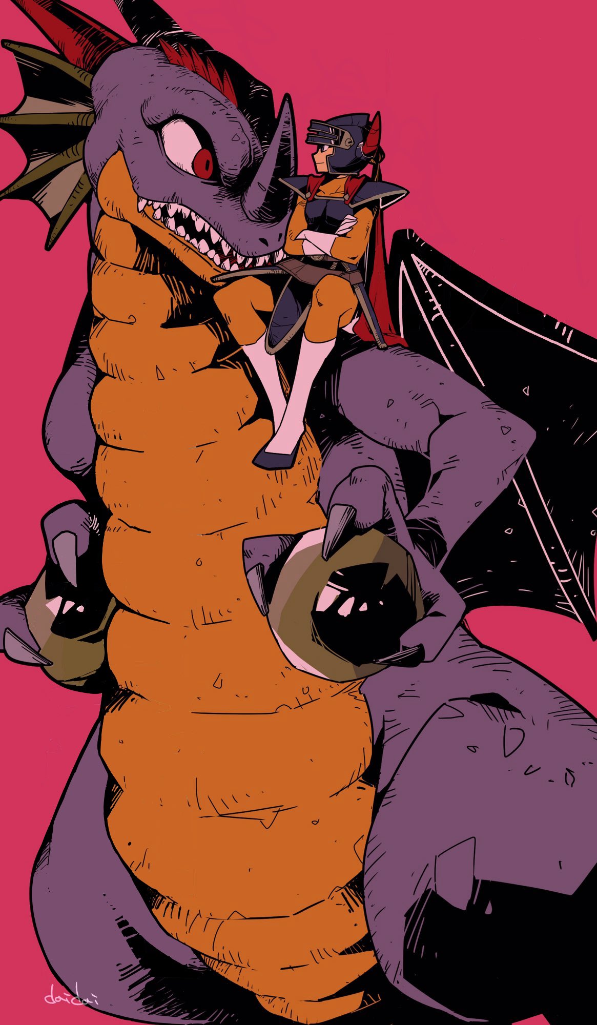 d d work, dragon lord, hero (dq1), dragon quest, dragon quest i, commentary request, highres, 1boy, armor, blue armor, bodysuit, boots, cape, chinese zodiac, crossed arms, dragon, fake horns, full body, gloves, helmet, horned helmet, horns, looking at another, male focus, orange bodysuit, pauldrons, pink background, purple scales, red cape, red eyes, sharp teeth, shoulder armor, signature, sitting on shoulder, smile, teeth, white boots, white gloves