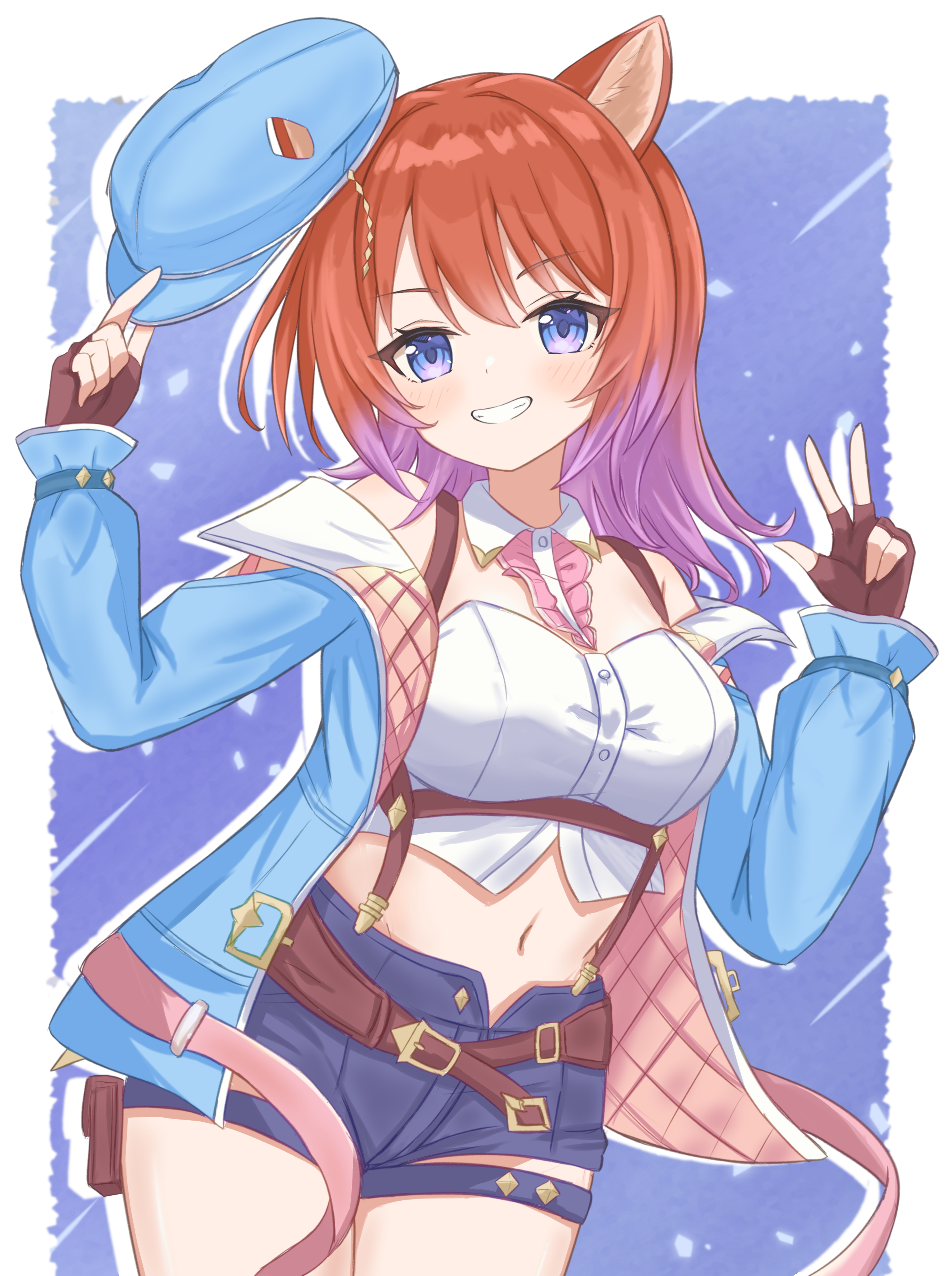 1717inamin, rias eidreise, atelier (series), atelier resleriana, atelier resleriana: the red alchemist & the white guardian, absurdres, commentary request, highres, 1girl, animal ears, belt, blue eyes, blue hat, blue jacket, blue shorts, border, breasts, brown gloves, brown hair, colored tips, fingerless gloves, gloves, hat, holding, holding unworn clothes, holding unworn hat, jacket, looking at viewer, medium breasts, multicolored hair, navel, open clothes, open jacket, outline, outside border, pink hair, shorts, smile, solo, standing, suspenders, two-tone hair, unworn hat, unworn headwear, w, white border, white outline