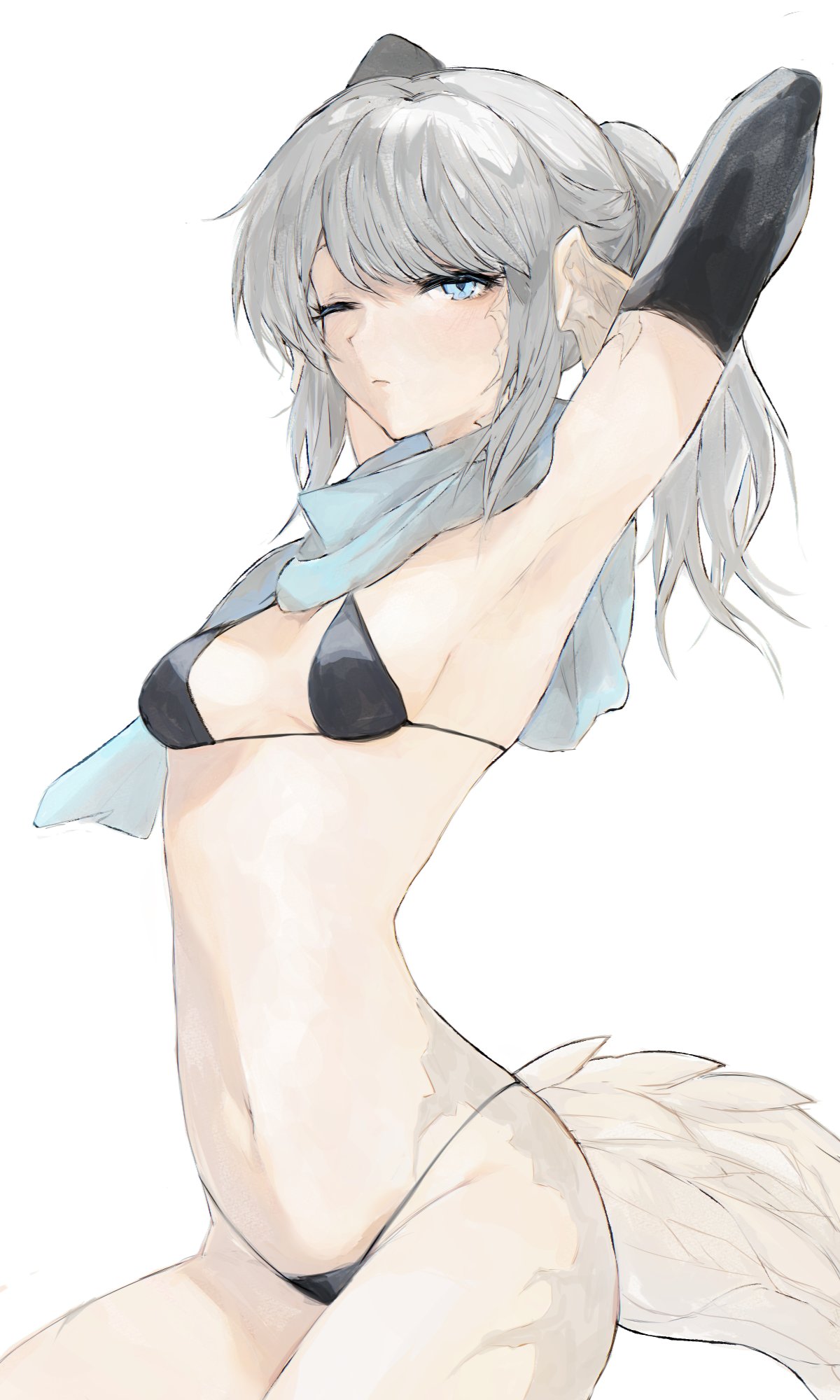 hachi0047, warrior of light (ff14), final fantasy, final fantasy xiv, highres, 1girl, arms up, au ra, bikini, black bikini, black gloves, blue eyes, breasts, dragon girl, dragon horns, dragon tail, elbow gloves, gloves, grey hair, horns, looking at viewer, navel, one eye closed, ponytail, scales, scarf, simple background, small breasts, solo, stomach, swimsuit, tail, white background