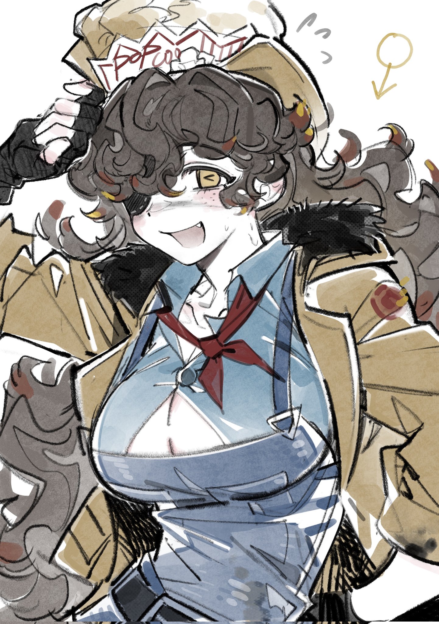 florian brand, florian brand ("puffing"), identity v, highres, 1girl, :d, blue overalls, blue shirt, blush, breasts, brown hair, button gap, cleavage, coldrex8, colored tips, eyepatch, fang, fingerless gloves, flying sweatdrops, freckles, fur-trimmed jacket, fur trim, genderswap, genderswap (mtf), gloves, jacket, large breasts, long hair, looking at viewer, multicolored hair, neckerchief, official alternate costume, open mouth, overalls, raised eyebrows, red neckerchief, shirt, smile, solo, sweat, symbol-shaped pupils, upper body, wavy hair, yellow eyes, yellow jacket