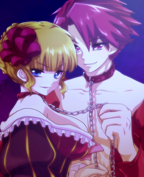 uka (color noise), beatrice (umineko), ushiromiya battler, umineko no naku koro ni, bad id, bad pixiv id, 00s, 1boy, 1girl, breasts, chain, collar, large breasts