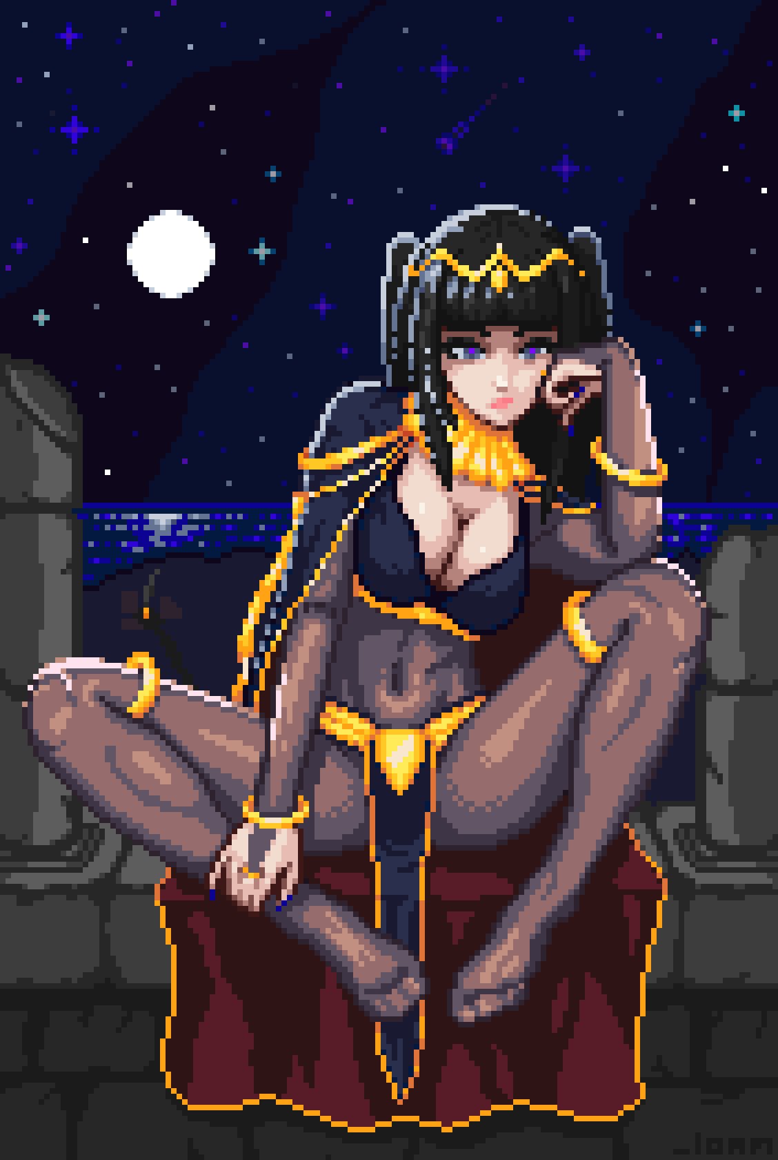 tharja (fire emblem), fire emblem, fire emblem fates, fire emblem heroes, nintendo, calves, gold collar, commentary, english commentary, highres, 1girl, belt, black bodysuit, black bra, black cape, black hair, blunt bangs, bodysuit, bra, breasts, cape, cleavage, full body, full moon, gold belt, gold hairband, hairband, hand on own face, hand up, large breasts, loam, loincloth, moon, night, night sky, ocean, outdoors, pink lips, pixel art, purple eyes, shooting star, sky, solo, stone wall, thighs, toes, twintails with hair base, underwear, very long cape