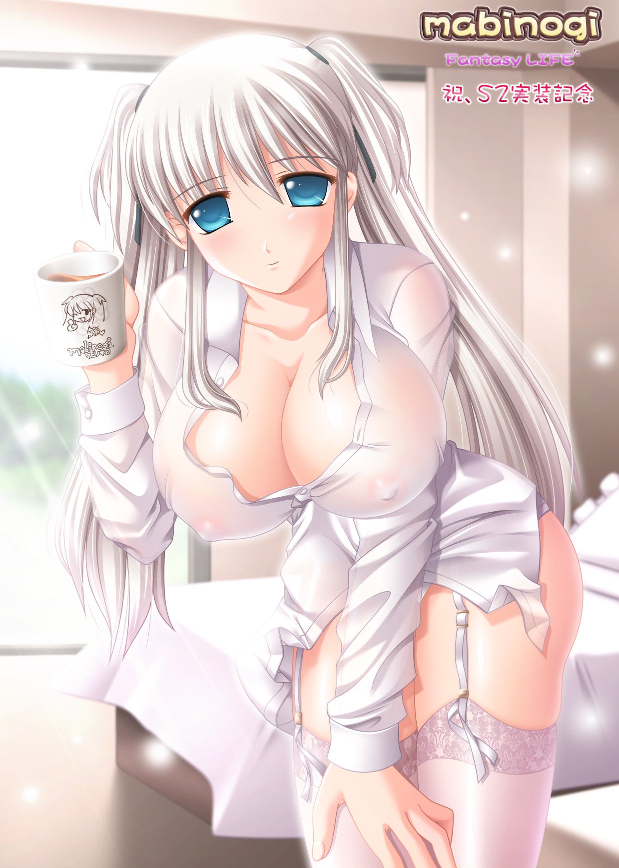 kafu (logaemon), nao (mabinogi), mabinogi, lace-trimmed legwear, silver hair, highres, 1girl, blue eyes, breasts, bursting breasts, cleavage, dress shirt, female focus, garter belt, hair ribbon, huge breasts, lace, lace trim, lingerie, long hair, nipples, panties, ribbon, see-through clothes, shirt, smile, solo, thighhighs, twintails, unbuttoned, underwear, white thighhighs
