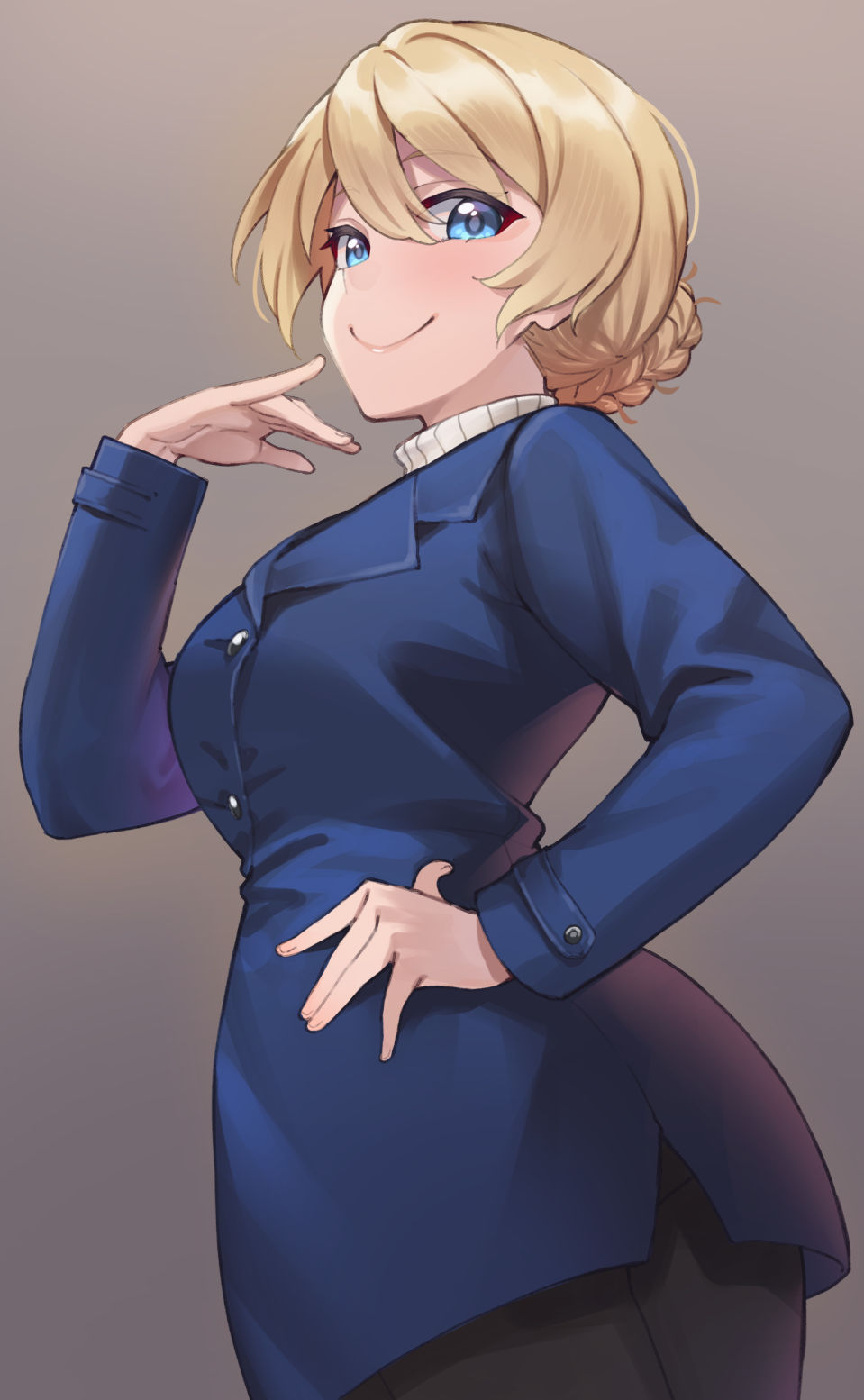 kimi tsuru, darjeeling (girls und panzer), girls und panzer, highres, 1girl, alternate costume, black pantyhose, blonde hair, blue coat, blue eyes, braid, closed mouth, coat, coat dress, double-parted bangs, dress, grey background, hair between eyes, hand on own hip, light blush, long sleeves, looking at viewer, nape braid, pantyhose, short hair, smile, smug, solo, turtleneck, twisted torso, wide hips
