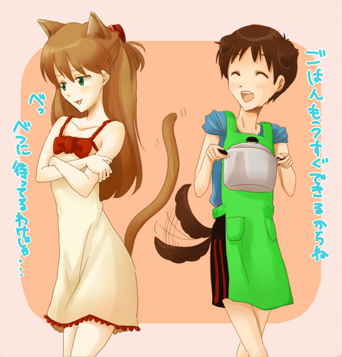 gaju, ikari shinji, souryuu asuka langley, evangelion: 2.0 you can (not) advance, neon genesis evangelion, rebuild of evangelion, gender request, 00s, 1boy, 1girl, androgynous, animal ears, apron, blue eyes, brown hair, cat ears, cat tail, chemise, dog ears, dog tail, nyan, smile, tail, white chemise