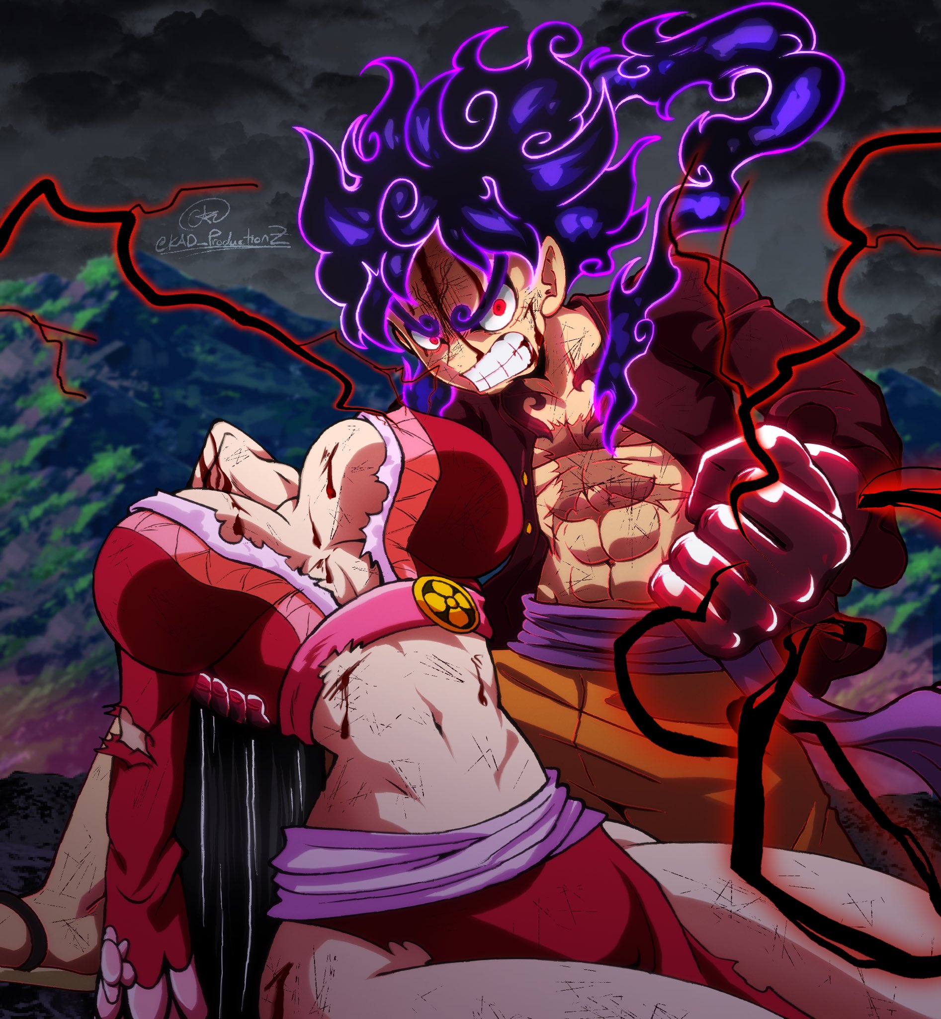 kad productions, boa hancock, monkey d. luffy, one piece, highres, 1girl, alternate hair color, angry, argyle clothes, black hair, blood, breasts, clenched teeth, crop top, gear fifth, head tilt, injury, large breasts, long hair, long sleeves, midriff, outdoors, scar, scar on chest, teeth, torn clothes, unconscious