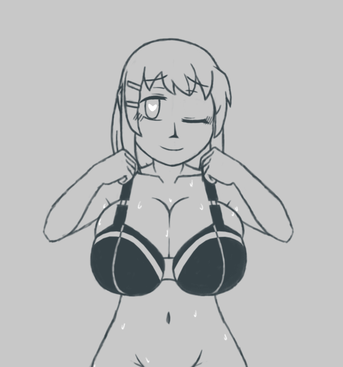 azugarosu, hirasawa yui, k-on!, 1girl, bra, breasts, cleavage, clenched hand, closed mouth, collarbone, greyscale, hair ornament, hairclip, heart, heart-shaped pupils, huge breasts, looking at viewer, monochrome, navel, one eye closed, short hair, sketch, smile, solo, sweat, symbol-shaped pupils, underwear