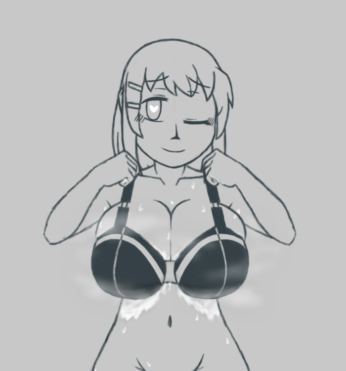 azugarosu, hirasawa yui, k-on!, 1girl, bra, breasts, cleavage, clenched hands, closed mouth, cum, greyscale, hair ornament, hairclip, heart, heart-shaped pupils, huge breasts, looking at viewer, monochrome, navel, one eye closed, short hair, sketch, smile, solo, steam, sweat, symbol-shaped pupils, underwear