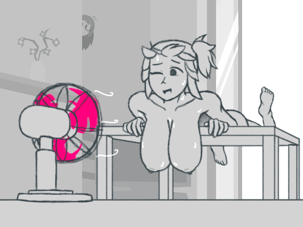 azugarosu, hirasawa yui, k-on!, 1girl, alternate hairstyle, breasts, collarbone, completely nude, electric fan, feet, feet up, floating hair, frills, huge breasts, indoors, nude, one eye closed, open mouth, ponytail, ribbon, sketch, skindentation, spot color, sweat, swimsuit, table, wind