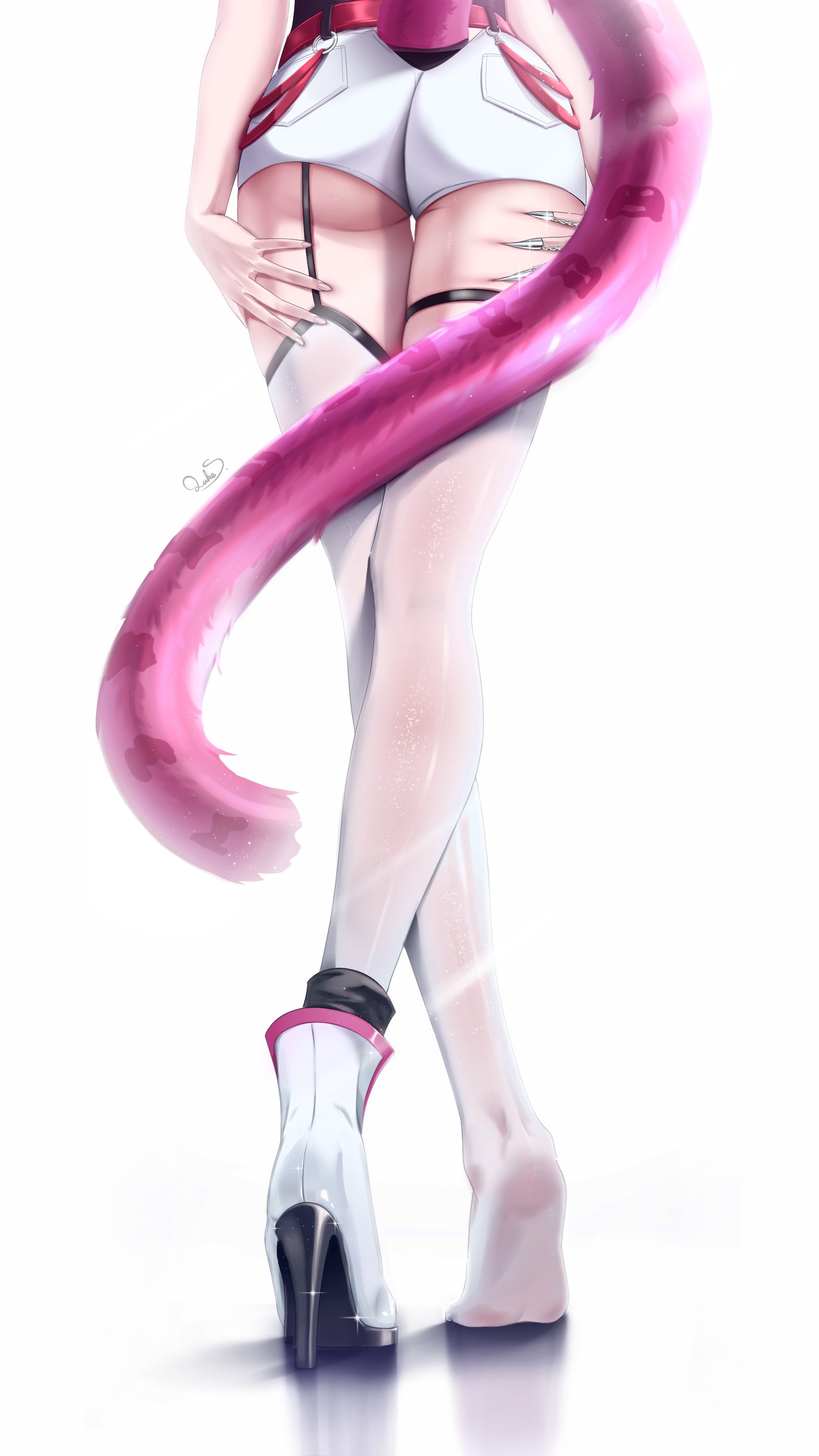 luke s (artist), raora panthera, raora panthera (1st costume), hololive, hololive english, absurdres, commentary, english commentary, highres, 1girl, ass, belt, boots, claw ring, clothing cutout, crossed legs, feet, from behind, garter straps, hands on own thighs, high heel boots, high heels, leg focus, legs, lower body, panther girl, panther tail, pink tail, red belt, shadow, short shorts, shorts, signature, single boot, single garter strap, skindentation, soles, solo, sparkle, tail, tail through clothes, thigh strap, thighhighs, thighs, underbutt, virtual youtuber, white background, white boots, white shorts, white thighhighs