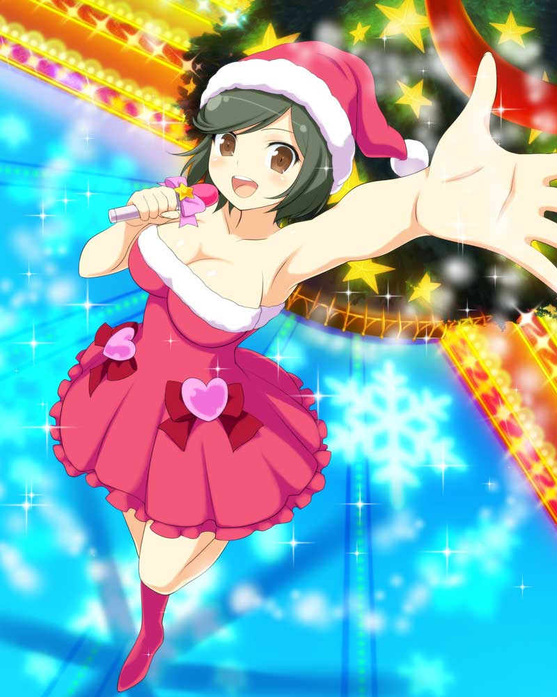 mai (senran kagura), senran kagura, senran kagura new wave, official art, 1girl, :d, armpits, black hair, boots, breasts, brown eyes, christmas, christmas tree, cleavage, collarbone, dress, fur-trimmed dress, fur-trimmed headwear, fur trim, hat, heart, holding, holding microphone, large breasts, light particles, looking at viewer, looking up, microphone, music, official alternate costume, open mouth, outstretched arm, reaching, reaching towards viewer, red boots, red dress, santa costume, santa dress, santa hat, short hair, singing, smile, snowflakes, solo, sparkle, stage, star (symbol), strapless, swept bangs, teeth, tongue, upper teeth only